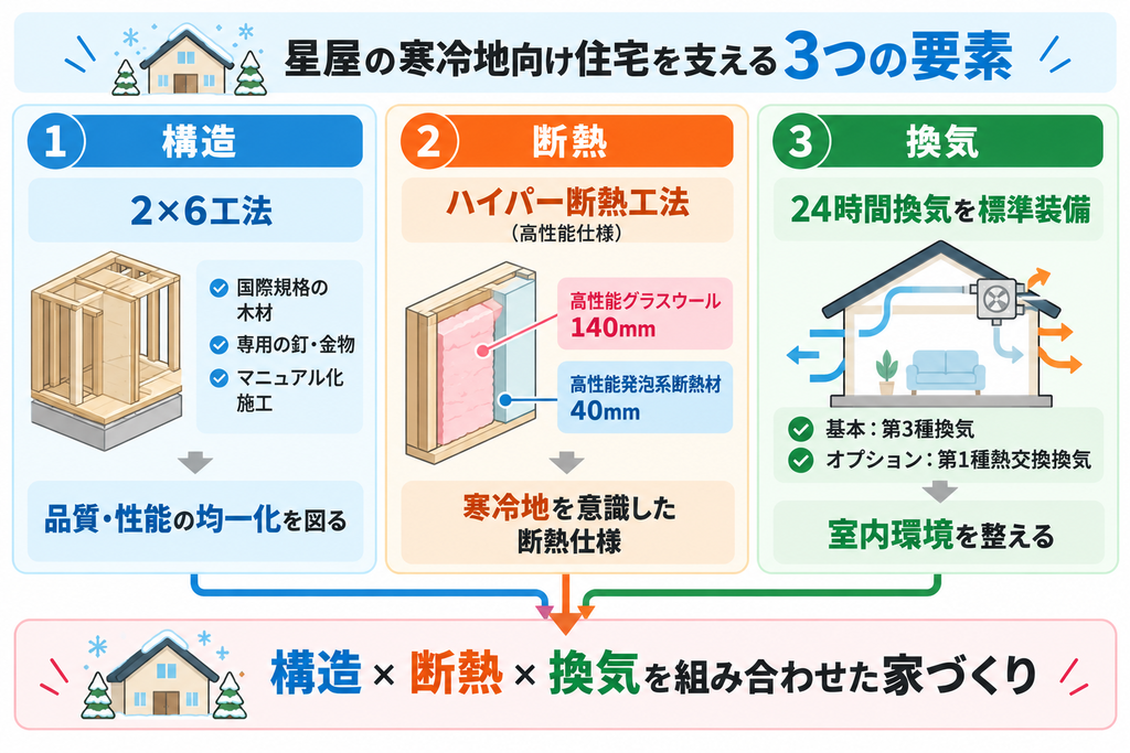 星屋の寒冷地向け住宅について、2×6工法による構造、高性能仕様の断熱、24時間換気の3要素を組み合わせ、住宅性能と室内環境を整える考え方を示した図解。 