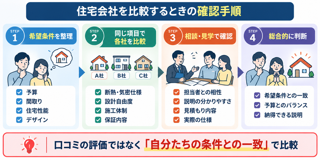 希望条件の整理、各社の比較、相談・見学、総合判断の4ステップで住宅会社を比較する確認手順を示した図解 