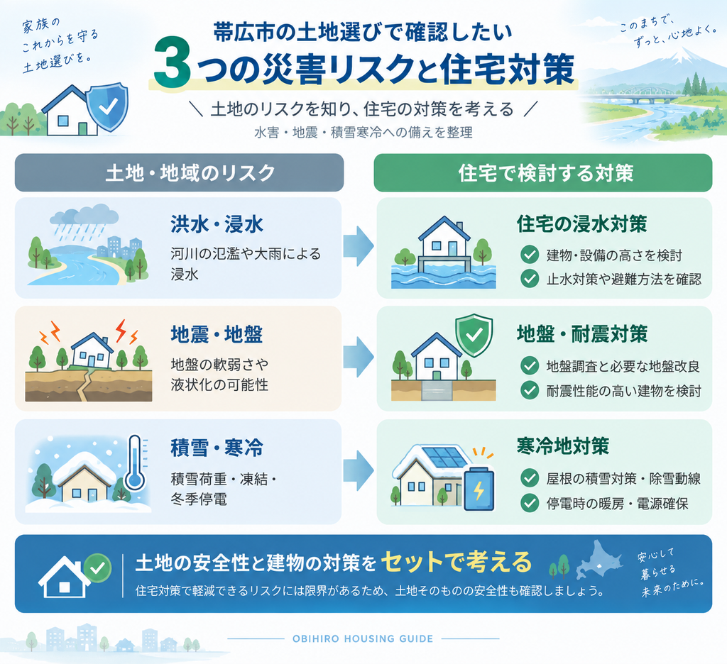帯広市の洪水・地震・積雪寒冷の3つのリスクと、浸水対策、地盤改良、耐震性能、停電時の暖房対策の関係を示した図
