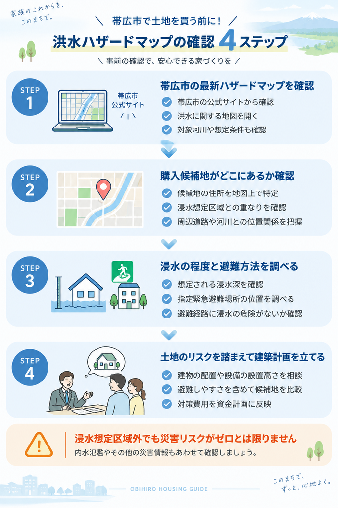 帯広市の洪水ハザードマップを使い、候補地の位置、浸水深、避難経路、住宅会社への相談を進める4ステップ